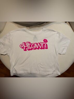 White Htown Graphic Crop Top with Pink Logo